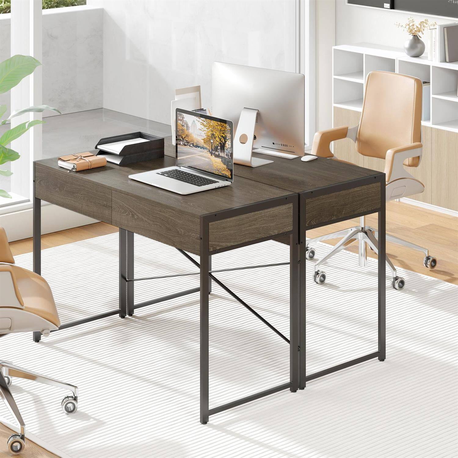 Angle. Pefilos - 44 Inch Computer Desk - X-Shaped Bracket Smooth Slides, Metal Frame 2 Drawers, Oak - Brown.