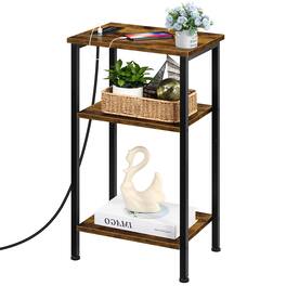 Oumilen - Rustic 3-Tier End Table with Built-In Power Outlets - Brown
