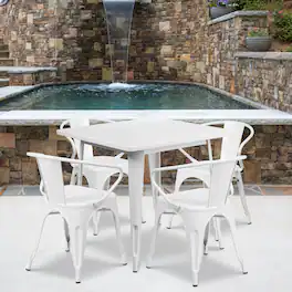 Emma + Oliver - Commercial Grade 31.5" Square Metal Indoor-Outdoor Table Set with 4 Arm Chairs - White