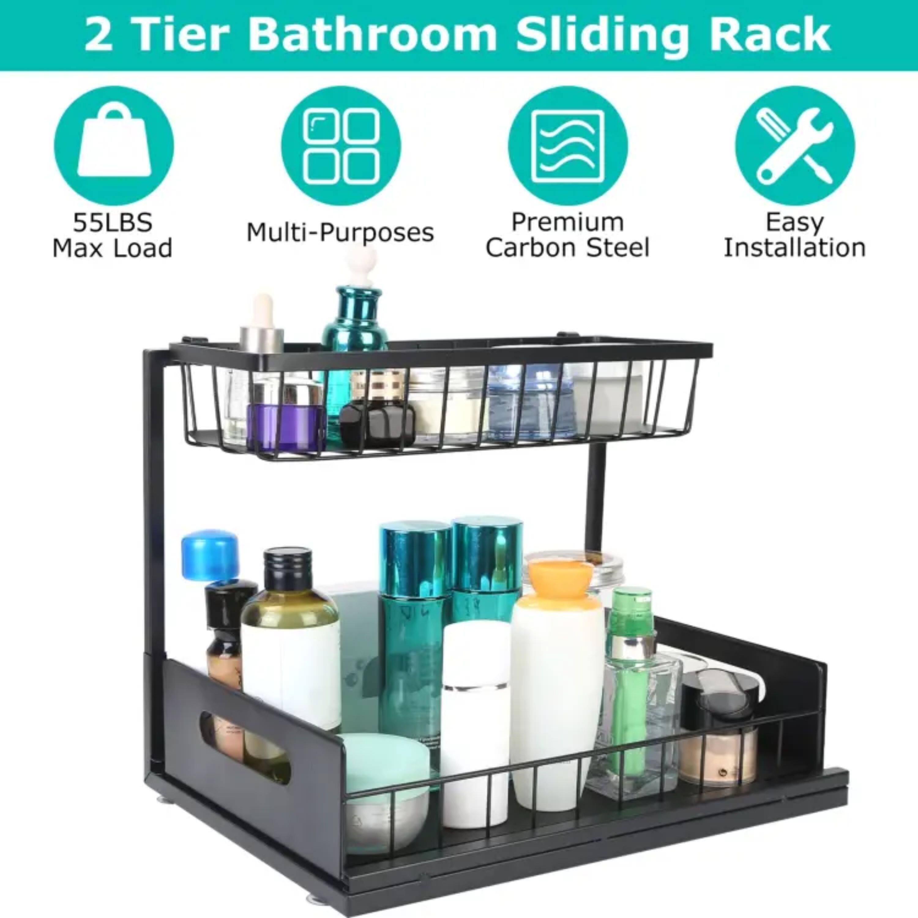 2 Tier Bathroom Sliding Rack  
55LBS Max Load  
Multi-Purposes  
Premium Carbon Steel  
Easy Installation