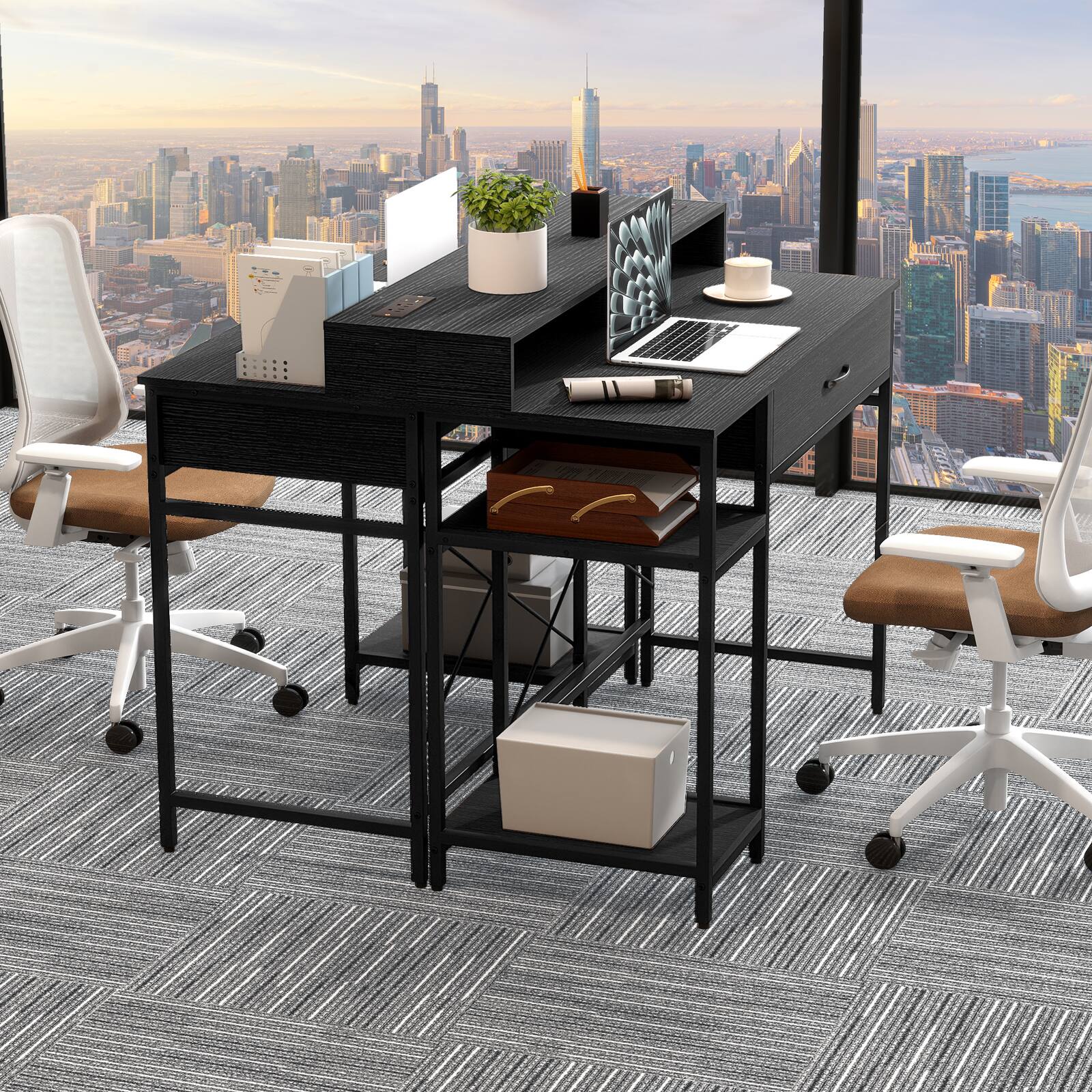 Alt View 3. Gymax - Gymax 42'' Computer Desk w/Power Outlets Hutch Drawer & 2 Open Shelves for Office - Black.