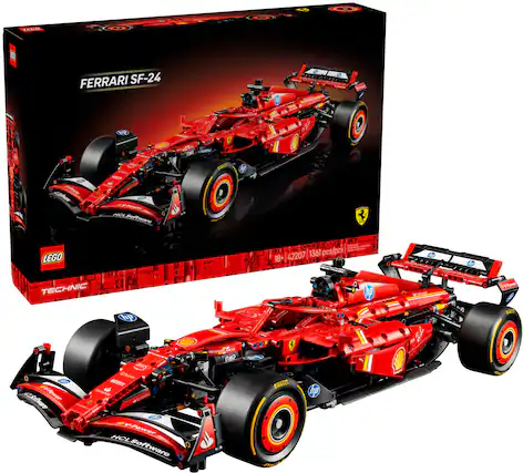 * Ferrari SF-24 1:18 scale model
* 1361 pieces in the box
* Lego Technic set
* Designed for ages 18+
* Includes instructions for assembly
* Made by Lego and Ferrari
* Box includes a Ferrari car and a race track
* The box is black and red in color
* The car is red and black in color
* The car is a Ferrari SF-24
* The box is made by Lego
* The box is made by Ferrari
* The box is made by Technic