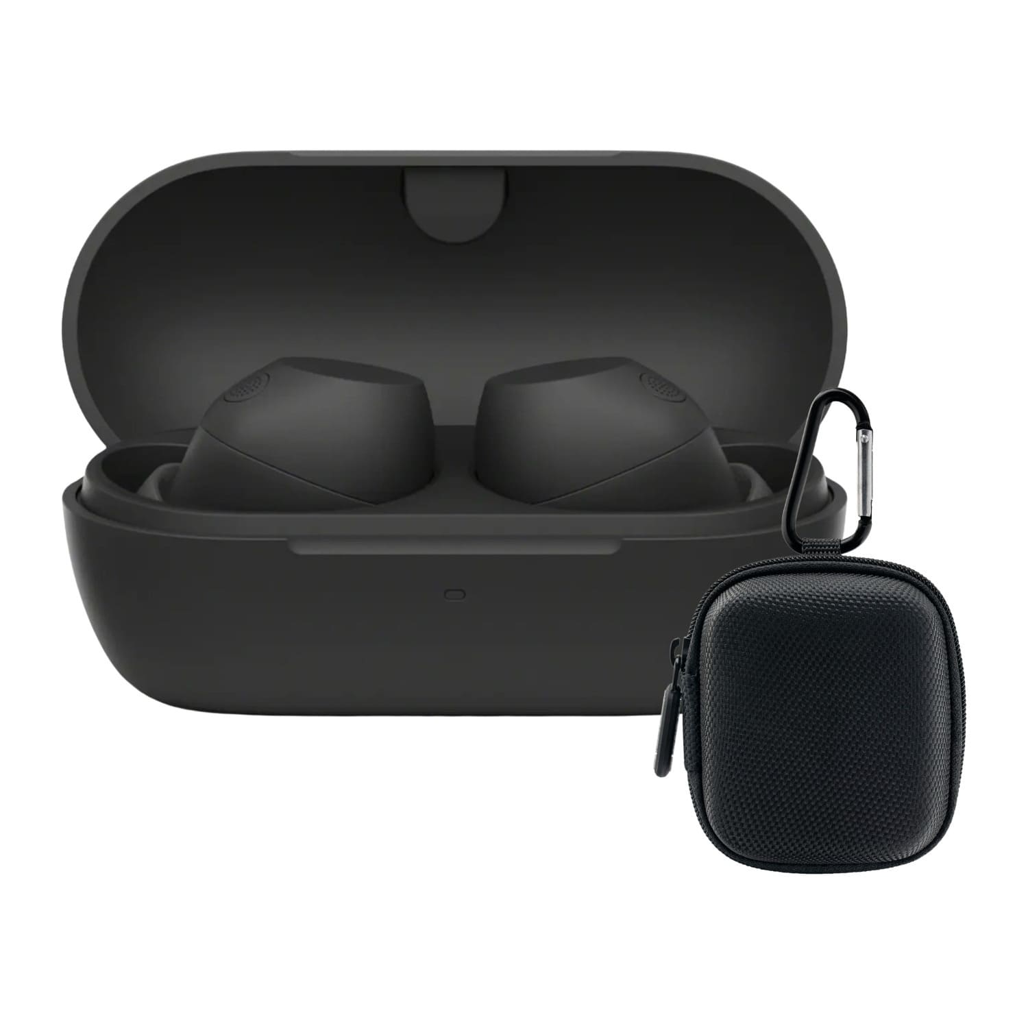 Front. Sony - Sony Truly Wireless Noise-Canceling Earbuds (Black) Bundle with Case - Black.