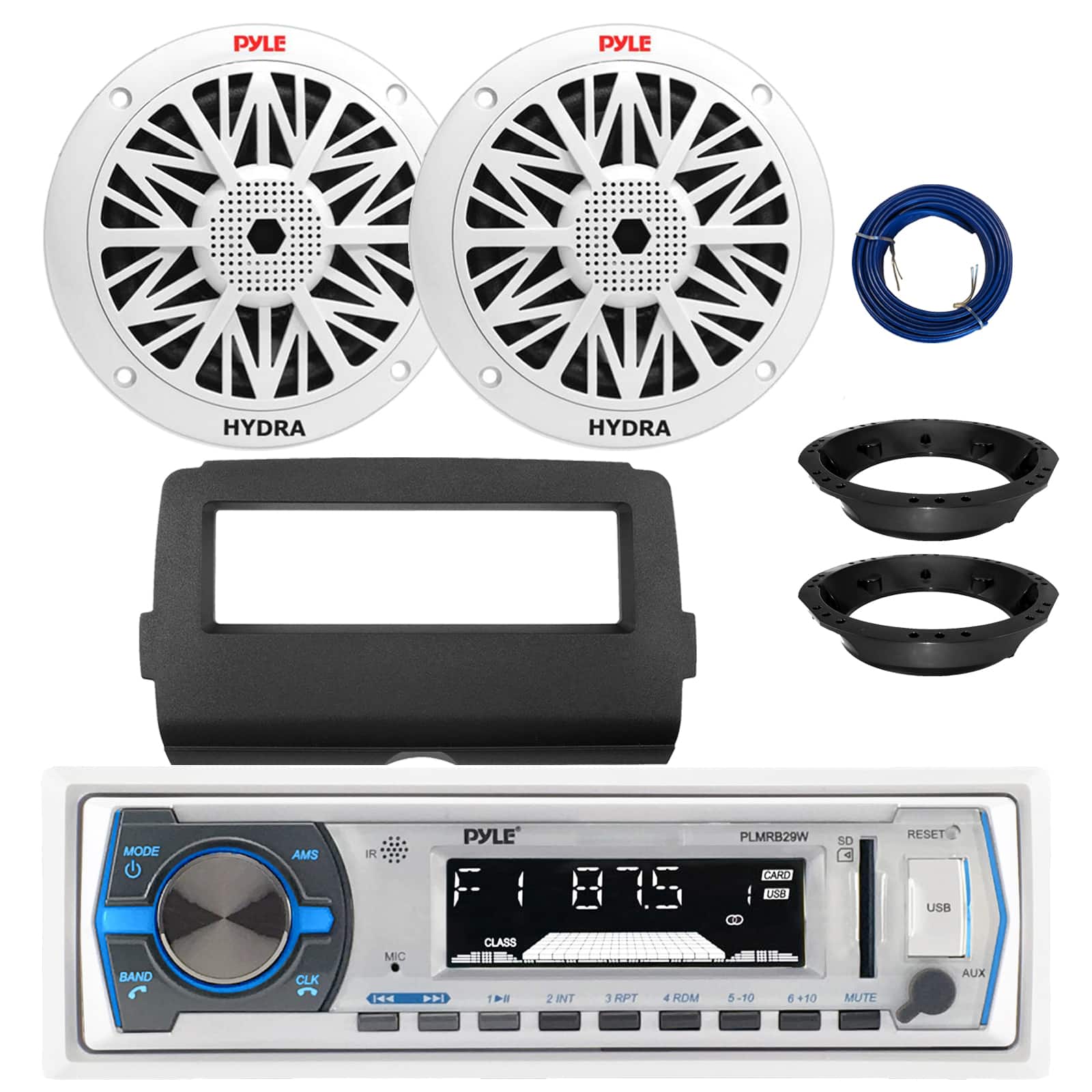 Pyle - PLMRB29W Bluetooth Marine MP3 Stereo Receiver, 2x 6.5" 200W Speakers with 2014-up Harley Radio Install Kit, Wire