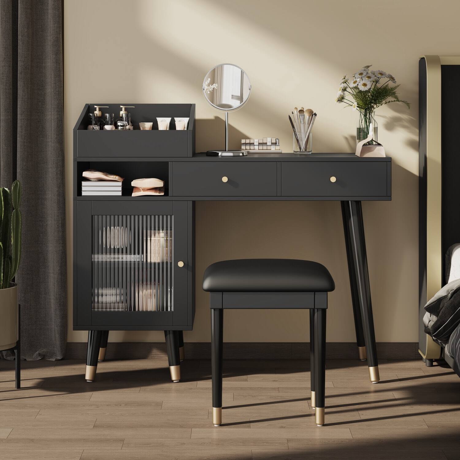 Front. Lirago - Black Wood Dresser Table Desk Modern Makeup Vanity with Drawer for Small Spaces 44" W x 15.7" D x 38" H - Black.