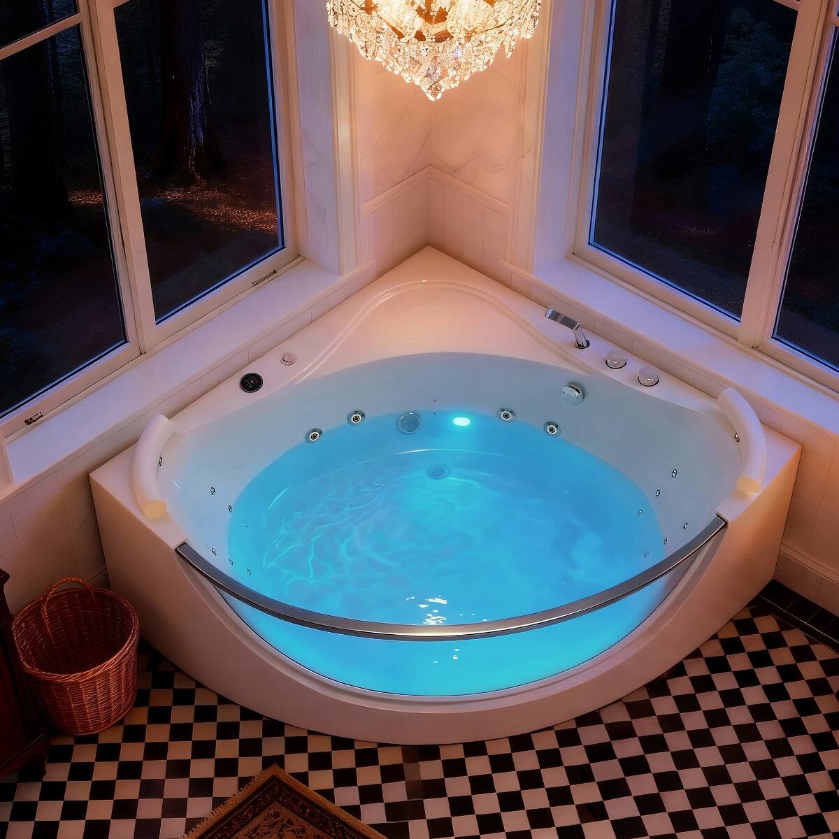 Front. Loheer - Loheer Acrylic Corner Whirlpool Bathtub for Two with Heater, 59 in Jetted Soaking Tub with Center Drain - Milk White.