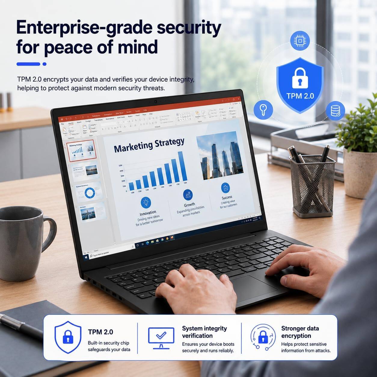 Enterprise-grade security for peace of mind

TPM 2.0 encrypts your data and verifies your device integrity, helping to protect against modern security threats.

TPM 2.0 Marketing Strategy
- Innovation: Driving a better tomorrow
- Growth: Expanding possibilities across markets
- Success: Creating value for our customers

TPM 2.0 Built-in security chip safeguards your data
- System integrity verification: Ensures your device boots securely and runs reliably
- Stronger data encryption: Helps protect sensitive information from attacks