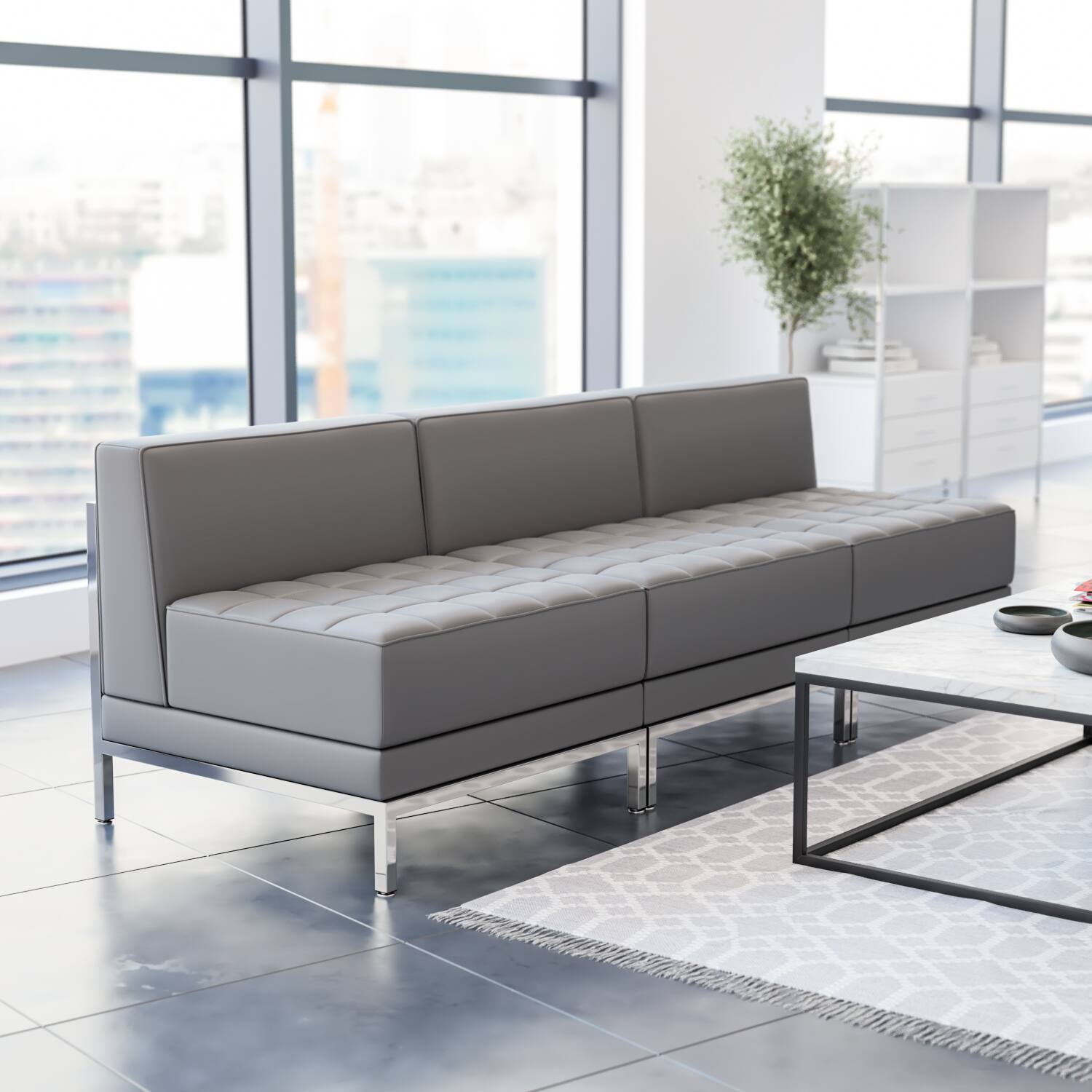 Alt View 1. Emma + Oliver - Leather Lounge Set with Ganging Clips, 3 Pieces - Gray.