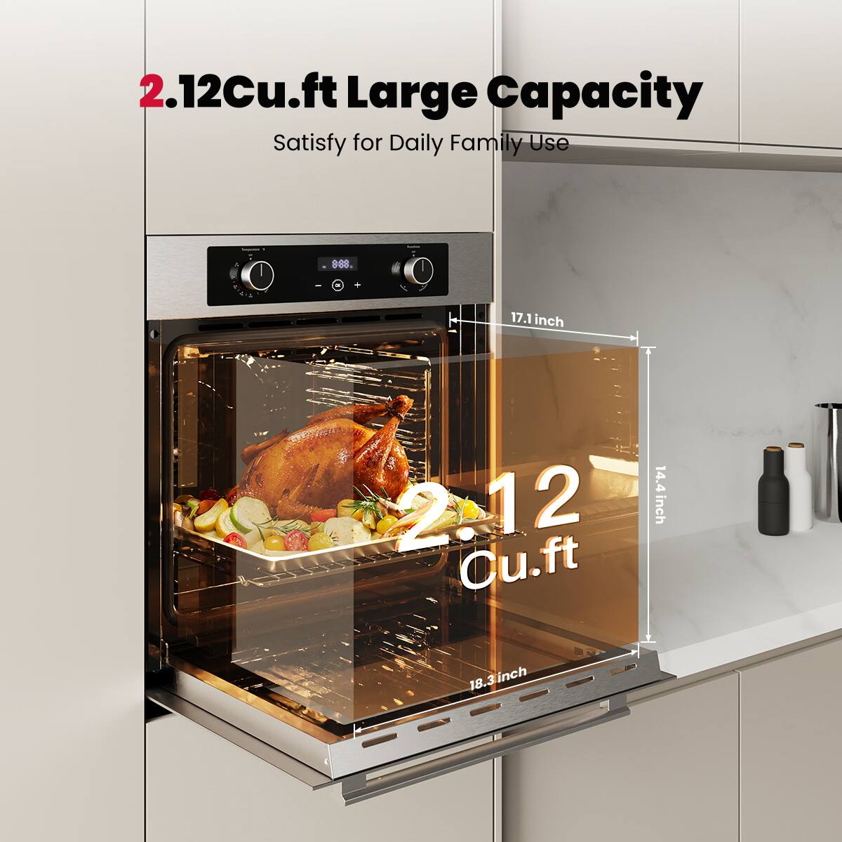 2.12 Cu.ft Large Capacity  
Satisfy for Daily Family Use  

2.12 Cu.ft  

17.1 inch  
14.4 inch  
18.3 inch