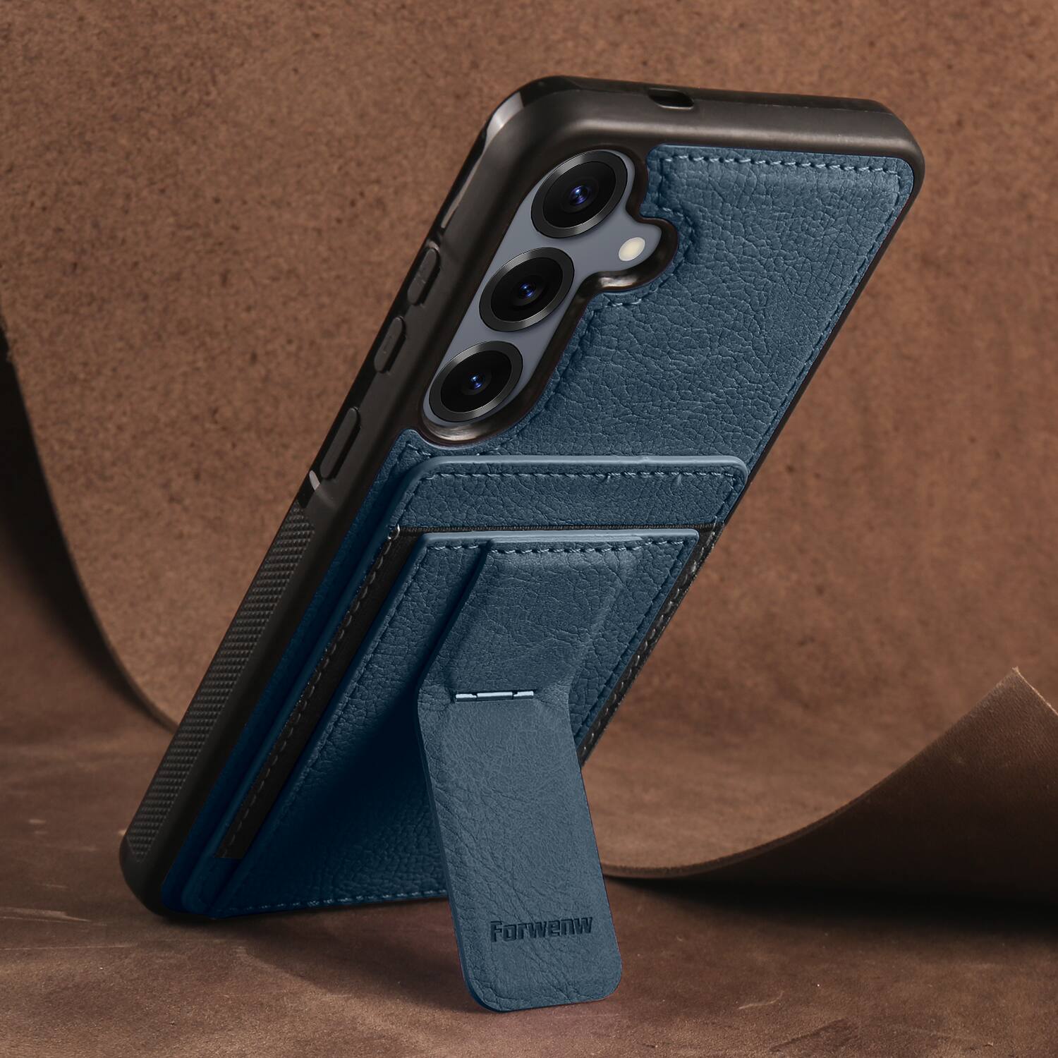Angle. Dteck - Slim Card Holder Case for Samsung Galaxy S25, Shockproof Wallet Protective Cover with Kickstand - Blue.