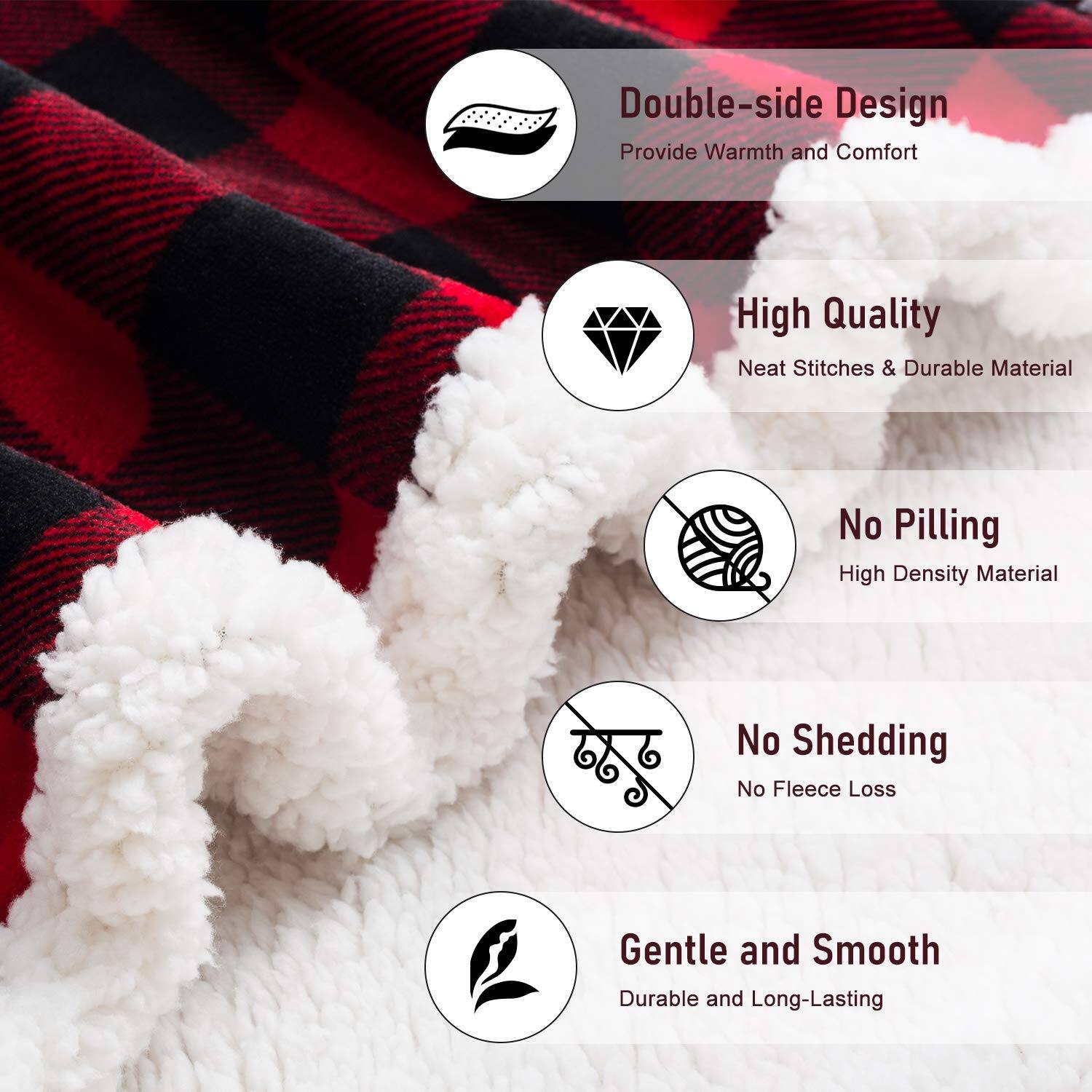- Double-side Design  
  Provide Warmth and Comfort

- High Quality  
  Neat Stitches & Durable Material

- No Pilling  
  High Density Material

- No Shedding  
  No Fleece Loss

- Gentle and Smooth  
  Durable and Long-Lasting
