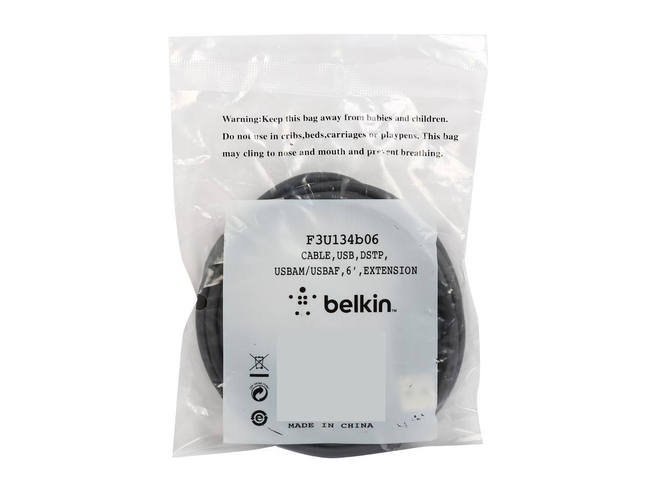 Warning: Keep this bag away from babies and children. Do not use in cribs, beds, carriages or playpens. This bag may cling to nose and mouth and prevent breathing.

F3U134b06  
CABLE, USB, DSTP, USBAM/USBAF, 6' EXTENSION  
belkin™  
MADE IN CHINA
