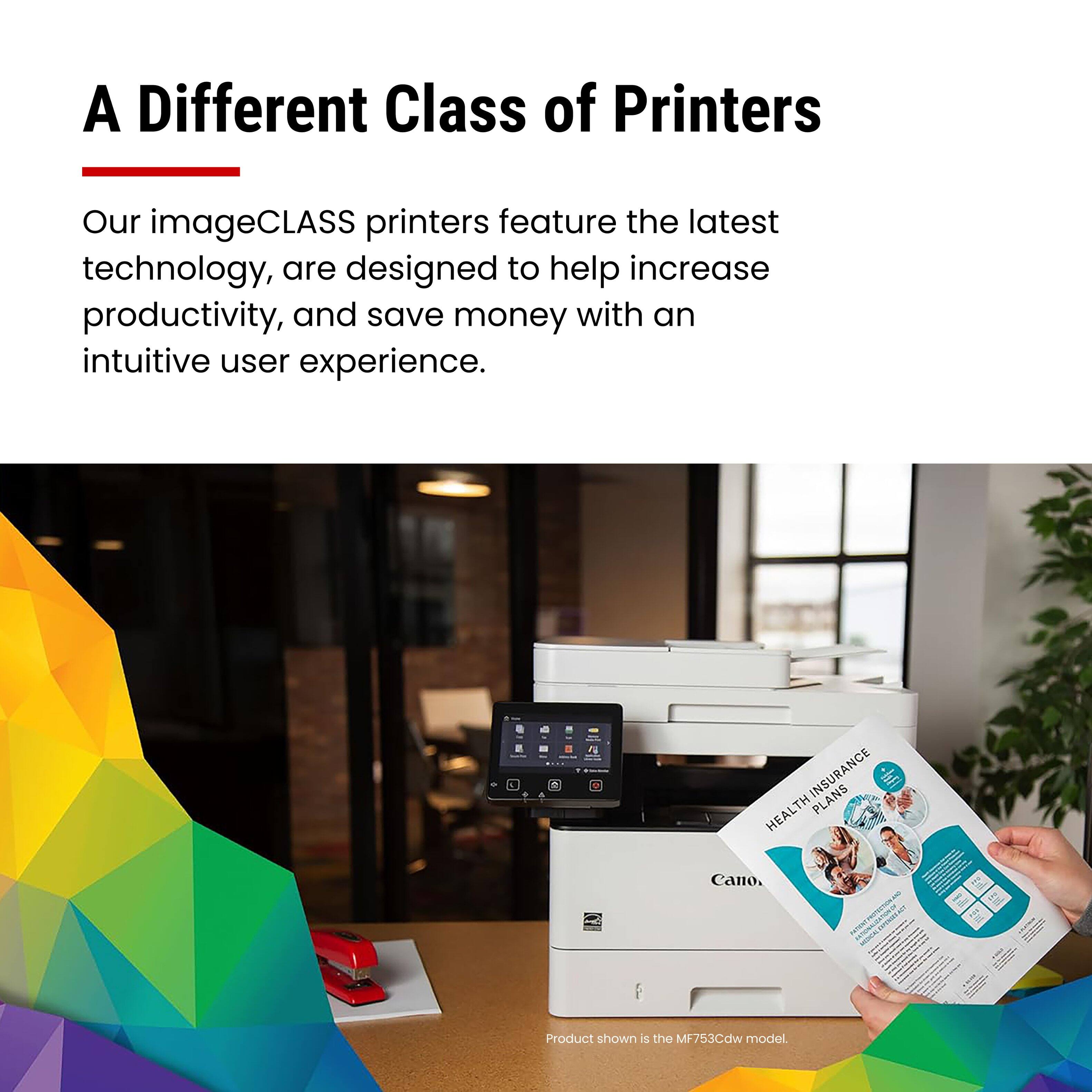 A Different Class of Printers

Our imageCLASS printers feature the latest technology, are designed to help increase productivity, and save money with an intuitive user experience.

Product shown is the MF753Cdw model.