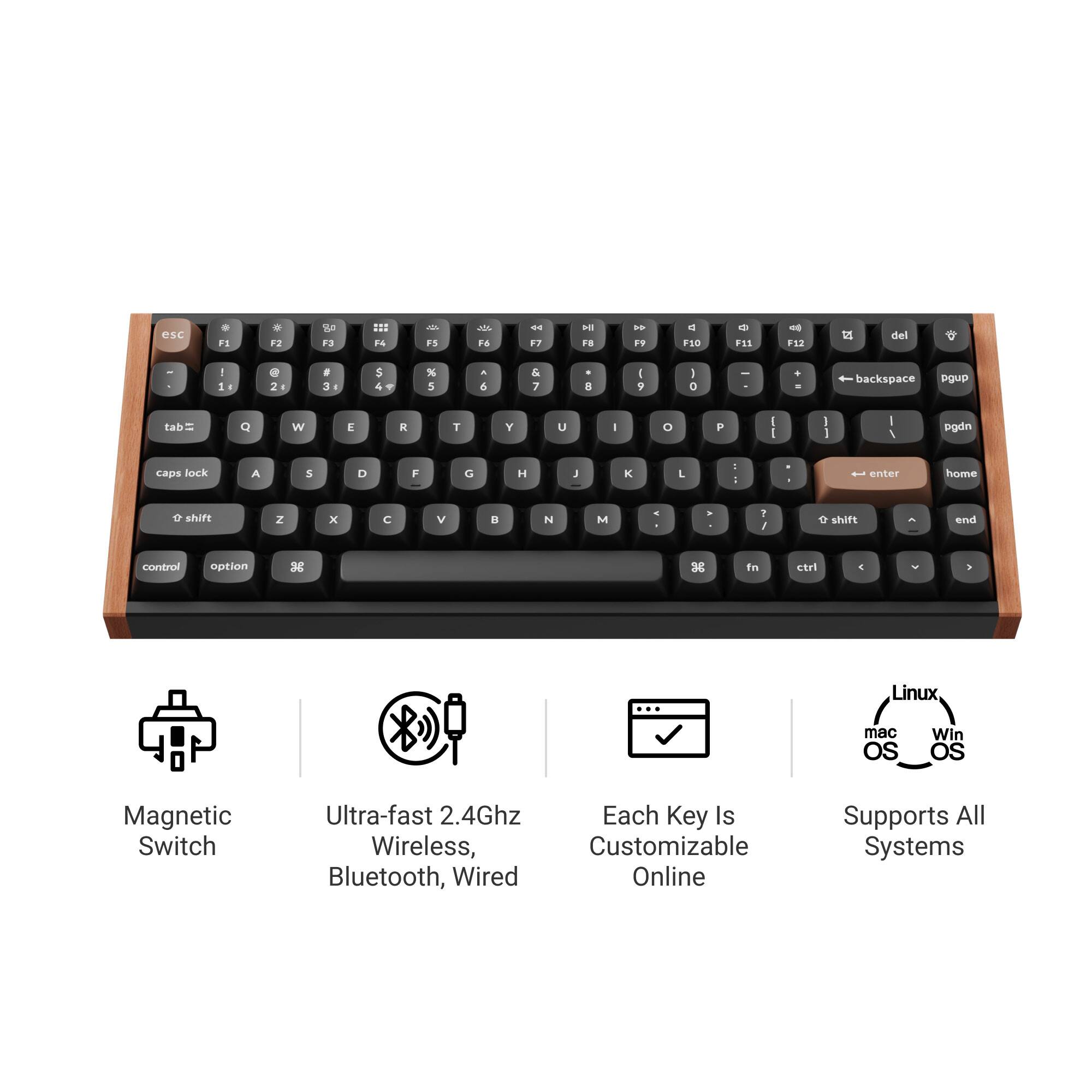 esc FS . +2  F3 111 F - F5 dA 15 -  * i. *. F9 d I0 d F15 - F12 1 del . . 1 1 . 2 . 3 5 4  % 5  & & 7 8 i 9 I a - . - backspace gup tab Q W E R T Y u - O F I 1 : I I , ogdn caps lock A S D 4 G H J  L - - enter home O shirt Z x C V a N M . . 1 I 0 shift end Cotrol option 3E sC In ctri 4 1 Linux mac OS Win OS Magnetic Switch Ultra-fast 2.4Ghz Each Key Is Wireless, Customizable Bluetooth, Wired Online Supports All Systems