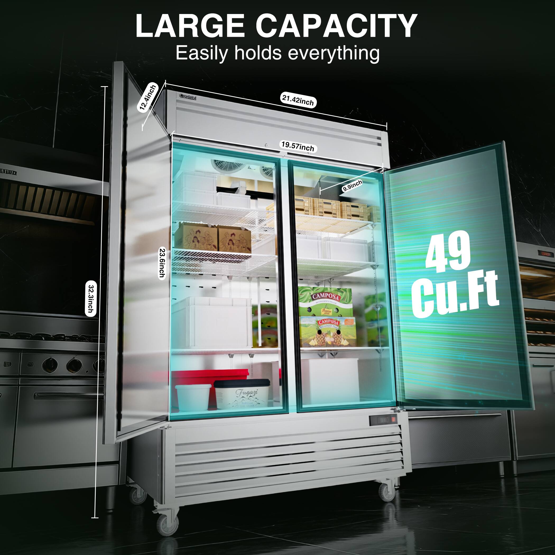 LARGE CAPACITY  
Easily holds everything  
12.4inch - 21.42inch  
19.57inch  
9.9inch  
32.3inch  
23.6inch  
49 Cu.Ft
