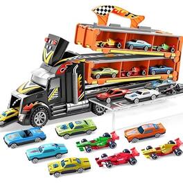 Joyfy - Toy Truck for Kids, 60" Extra Long Race Track & 12 Die-Cast Metal Cars, Carrier Truck w/ Lights
