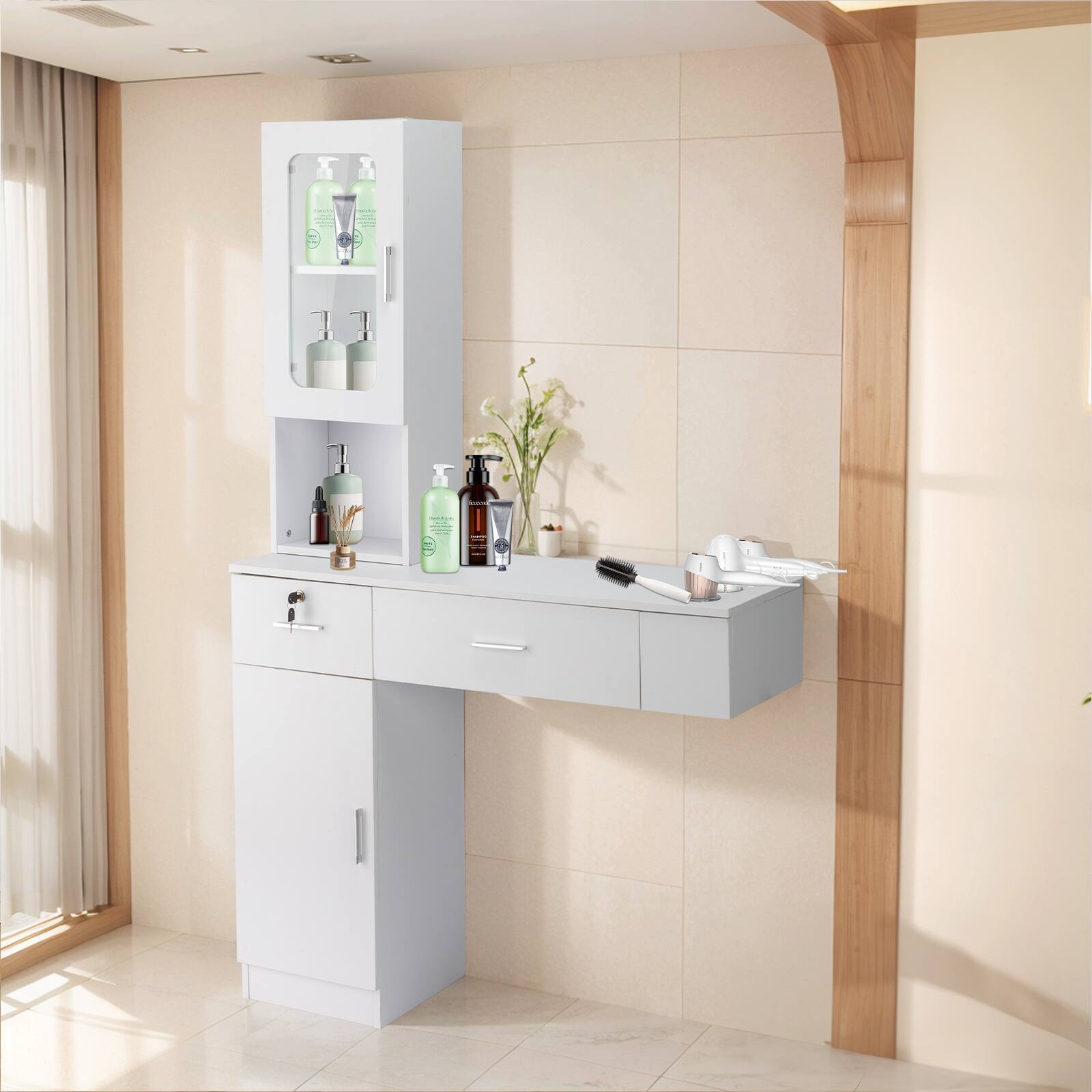 Angle. Winado - Wall Mount Barber Salon Stations, Makeup Vanity Desk with Cabinet and Drawers - White.