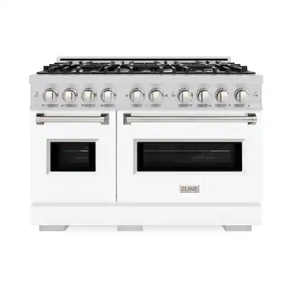 Front. ZLINE - ZLINE 48" Classic Double Oven Gas Range with 8 Burner Cooktop (CGR-WM-48) - Satin Steel/White Matte.
