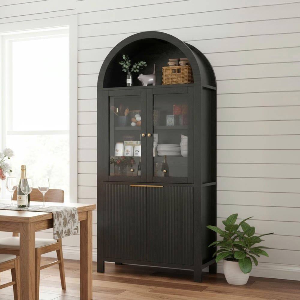 Angle. Kadyn - 71" Fluted Arched Display Cabinet with Hidden Drawer and Glass Door - Black - Black.