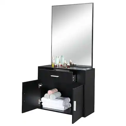 Front. Winado - Wall Mount Barber Salon Station with Mirror, Drawer, Storage Cabinet, Hair Dryer Holders for Hair Styling Makeup Beauty - Black.