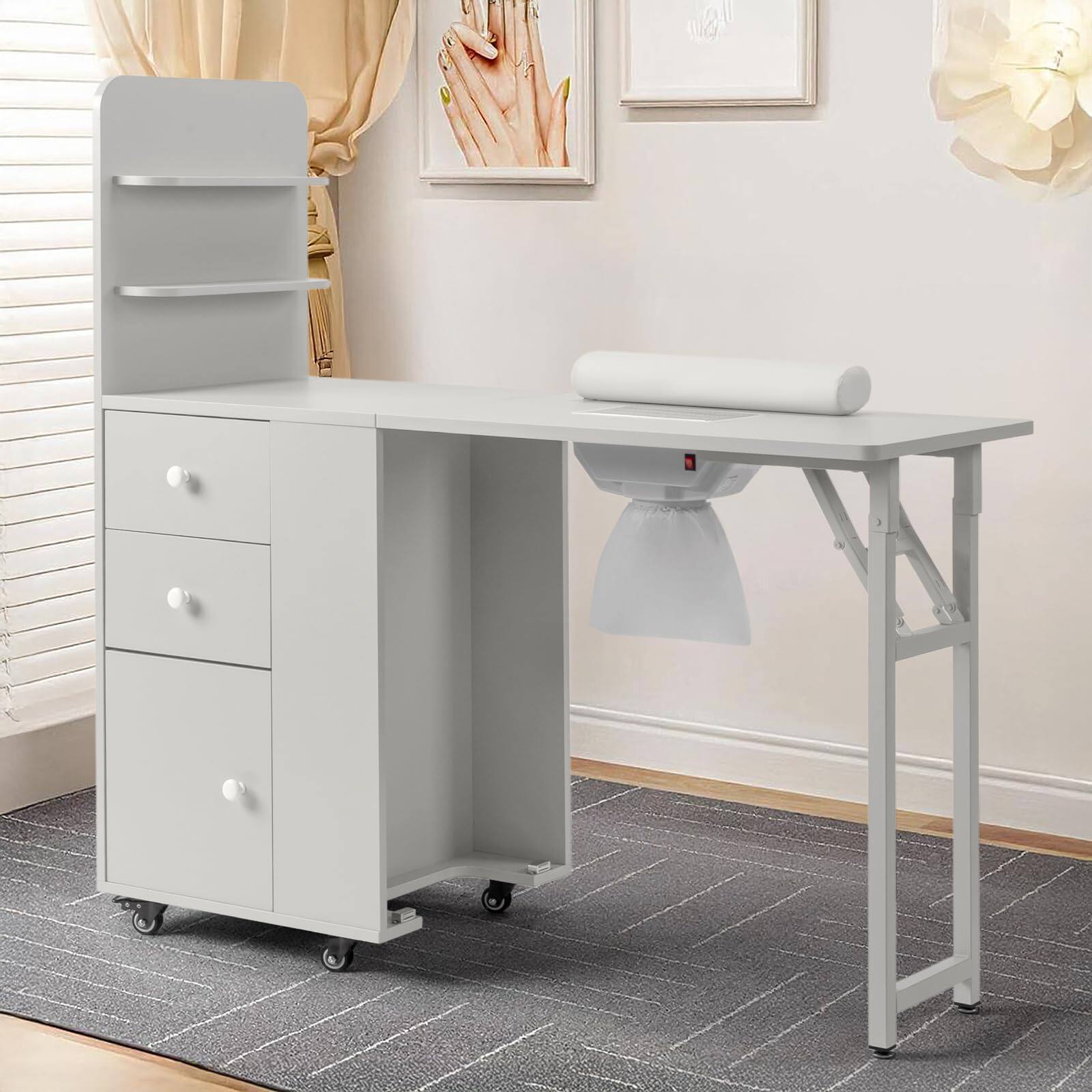 Angle. Winado - Foldable Manicure Table for Nail Tech, Nail Desk Station Makeup Storage Table - White.