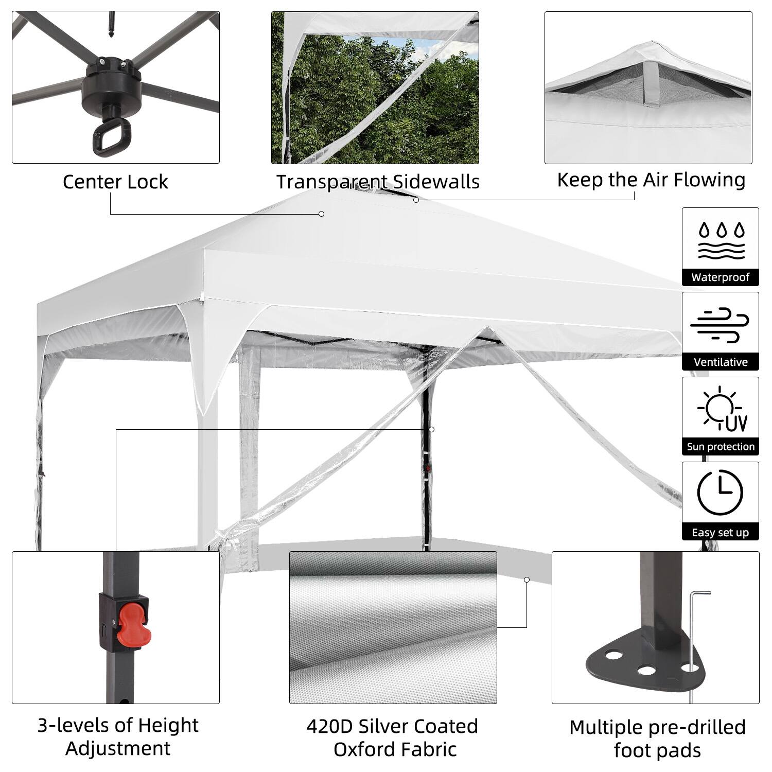 - Center Lock
- Transparent Sidewalls
- Keep the Air Flowing
- Waterproof
- Ventilative
- UV Sun protection
- Easy set up
- 3-levels of Height Adjustment
- 420D Silver Coated Oxford Fabric
- Multiple pre-drilled foot pads