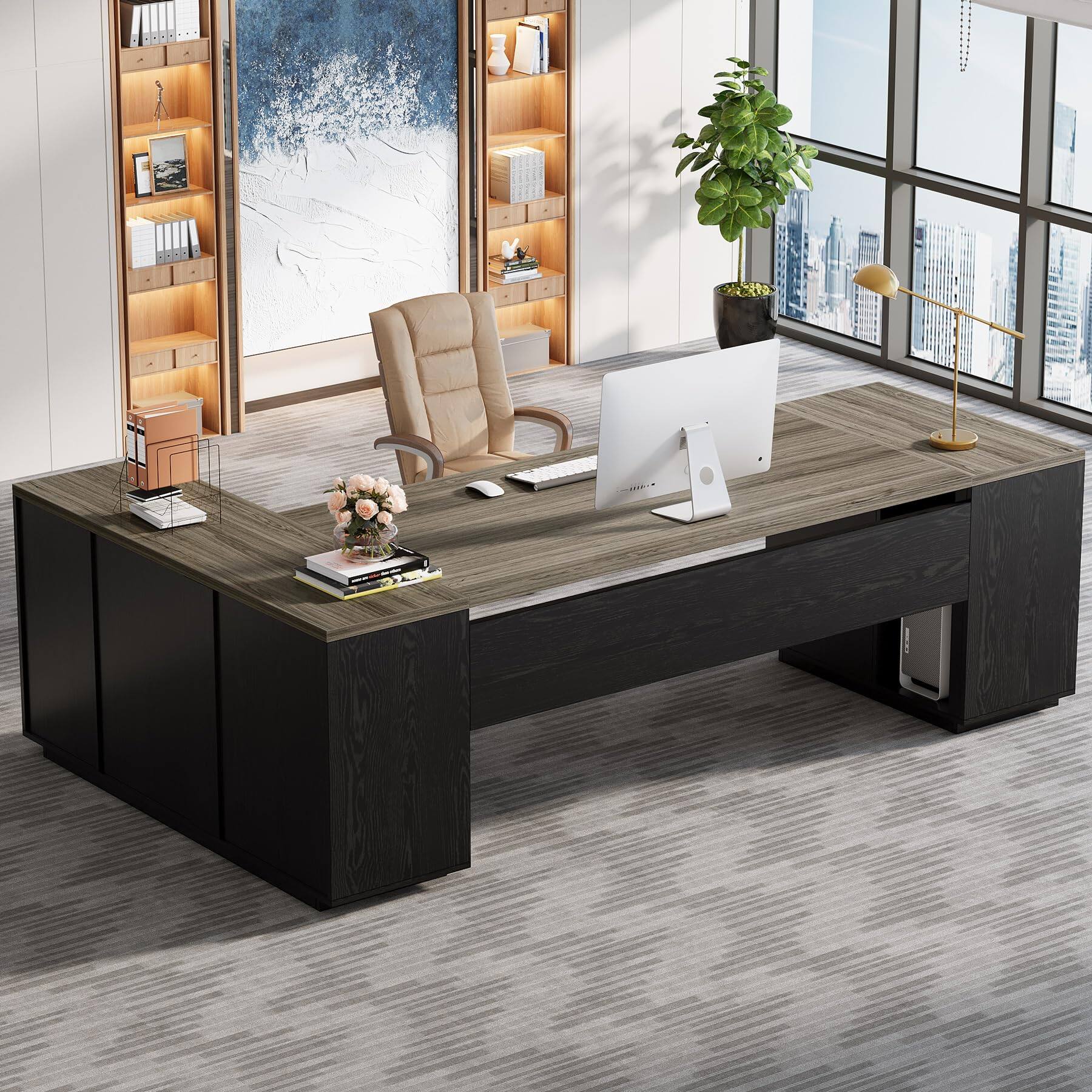 Alt View 2. Tribesigns - 85.8-Inch L-Shaped Executive Desk, Grey & Black - Grey & Black.
