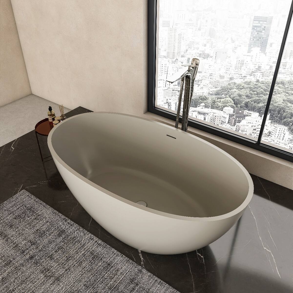 Angle. Loheer - Loheer 55 Inch Freestanding Solid Surface Soaking Bathtub Matte Light Beige Oval Center Drain - Light beige.