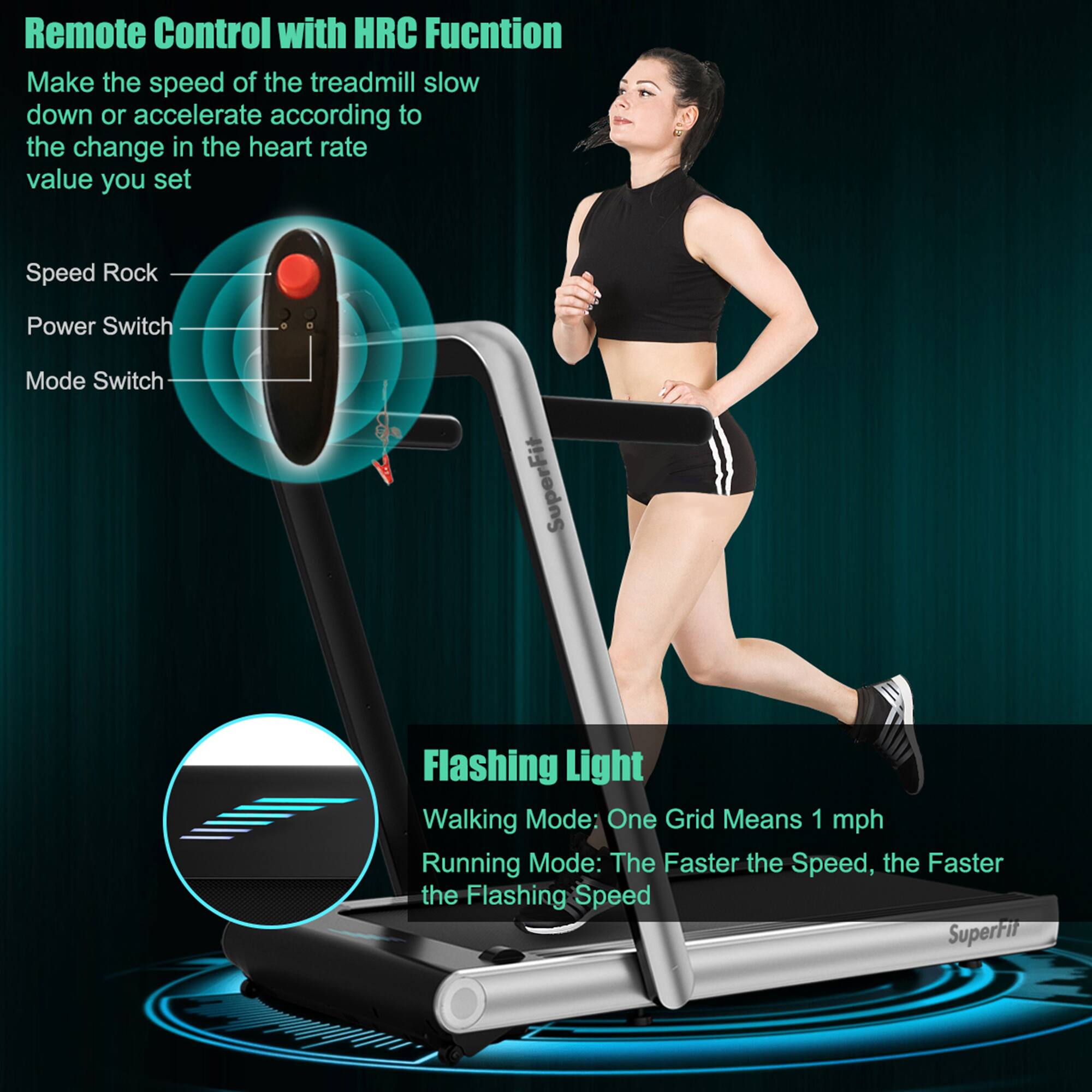 Remote Control with HRC Function  
Make the speed of the treadmill slow down or accelerate according to the change in the heart rate value you set  

Speed Rock  
Power Switch  
Mode Switch  

Flashing Light  
Walking Mode: One Grid Means 1 mph  
Running Mode: The Faster the Speed, the Faster the Flashing Speed