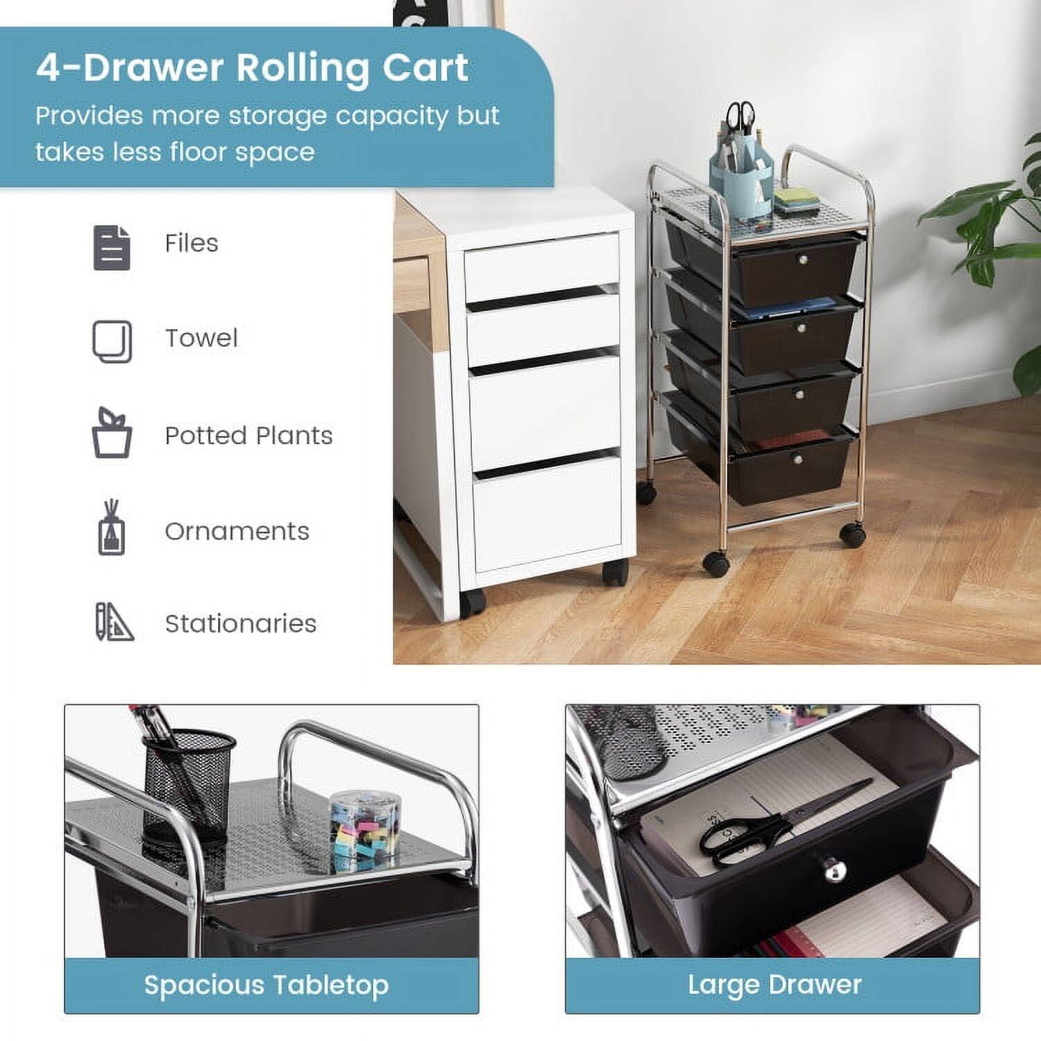 4-Drawer Rolling Cart  
Provides more storage capacity but takes less floor space  

Files  
Towel  
Potted Plants  
Ornaments  
Stationaries  

Spacious Tabletop  
Large Drawer