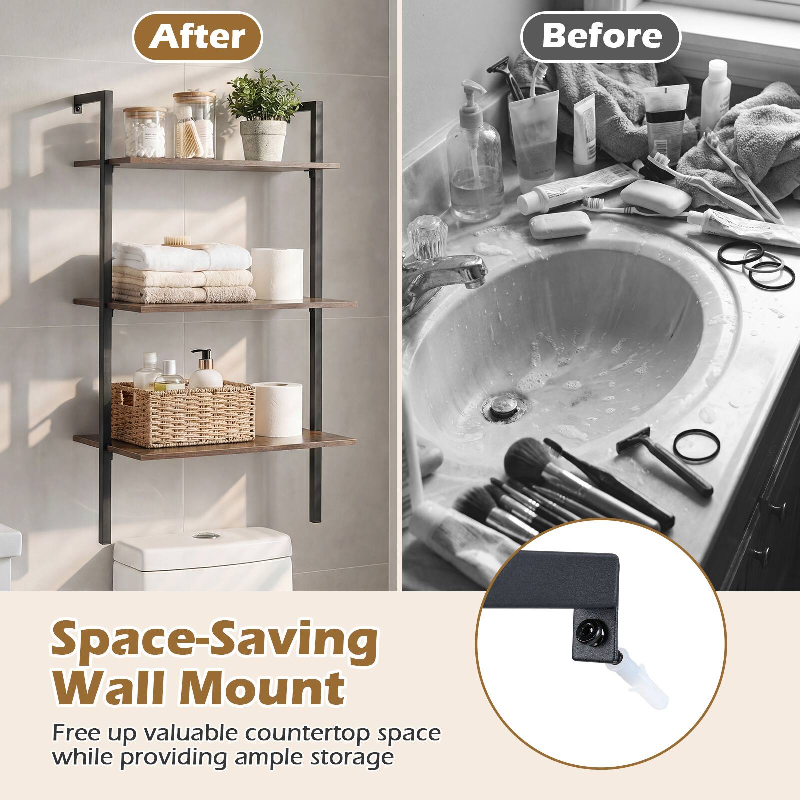 After Before Space-Saving Wall Mount Free up valuable countertop space while providing ample storage