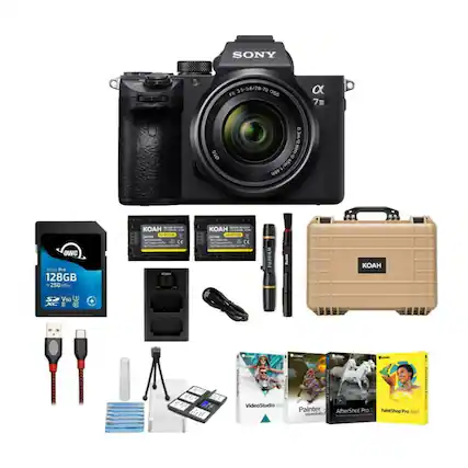 The image features a Sony camera and accessories, including a memory card, a lens, a flash, and a case. The camera is placed on top of the memory card, and the flash is positioned nearby. The case is also present in the scene, likely to protect the camera and its accessories. The arrangement of these items suggests that they are being displayed for sale or demonstration purposes.