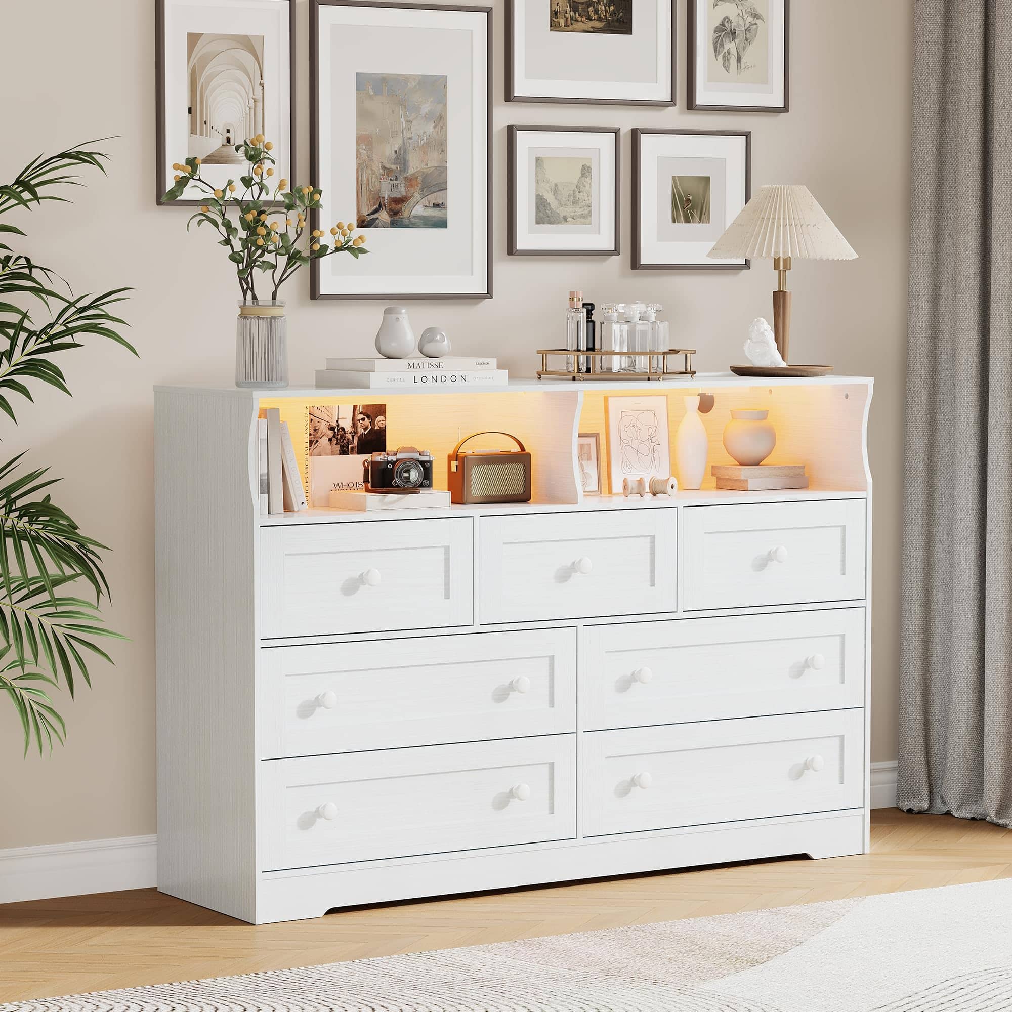GARVEE- Modern 7 Drawer Wood Dresser with USB Charging Station, LED Lights, 2 Open Cubbies, Bedroom Living Room Closet Kids Room- White