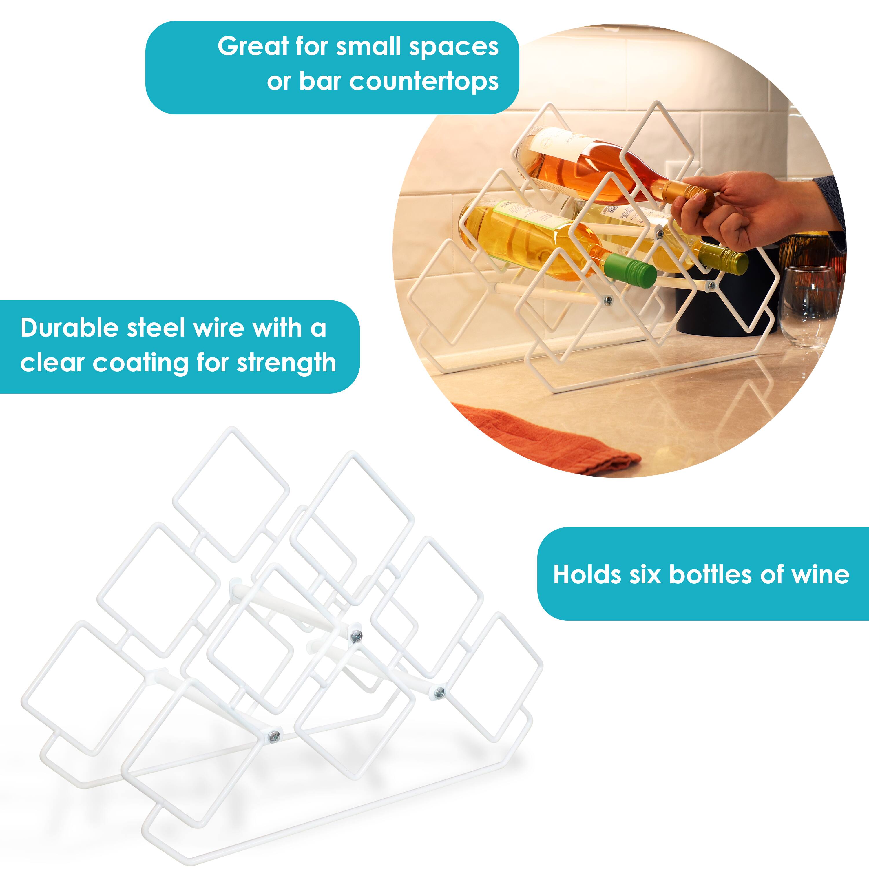 Great for small spaces or bar countertops

Durable steel wire with a clear coating for strength

Holds six bottles of wine