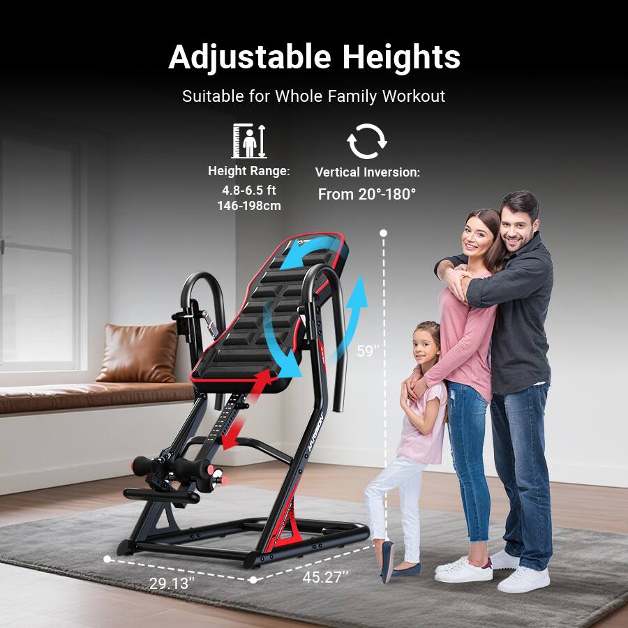 Adjustable Heights  
Suitable for Whole Family Workout  

Height Range:  
4.8-6.5 ft  
146-198cm  

Vertical Inversion:  
From 20°-180°  

59"  
29.13"  
45.27"