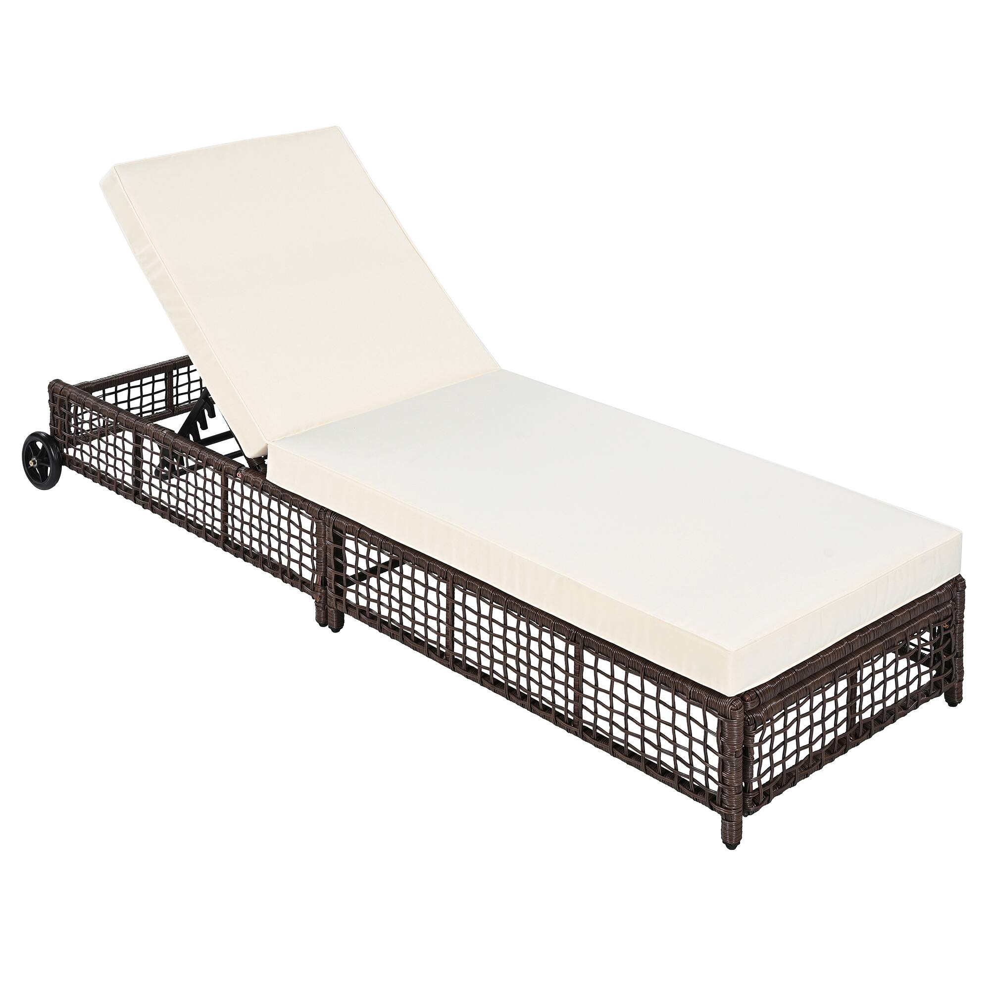 Alt View 7. Tiramisubest - Outdoor Rattan Chaise Lounge with 5-Position Backrest,Cushion and Wheels for Poolside,Backyard,Garden (Brown+Beige) - Brown+Beige.