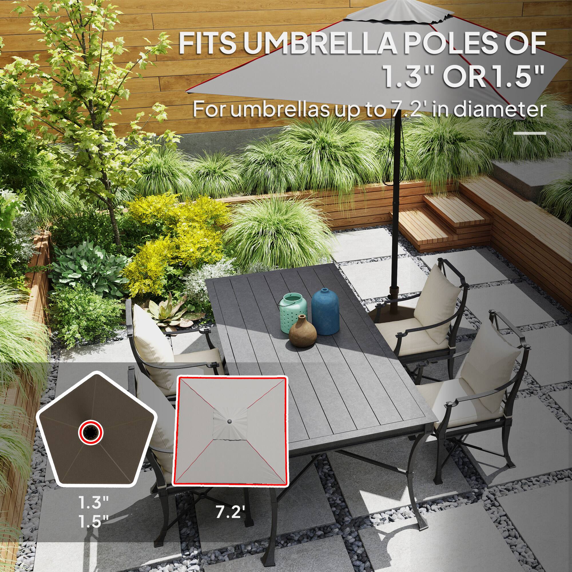 FITS UMBRELLA POLES OF 1.3" OR 1.5" For umbrellas up to 7.2' in diameter - 1.3" 1.5" 7.2'