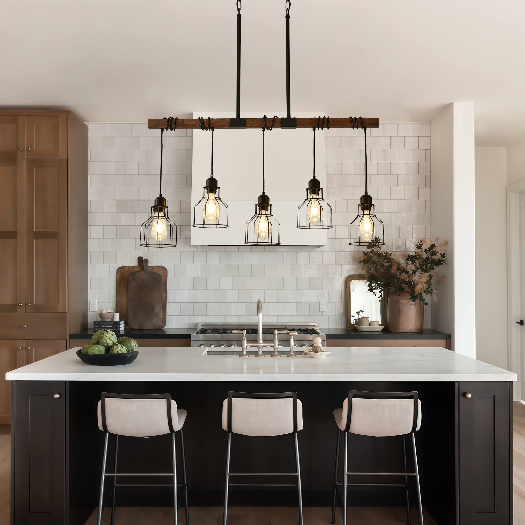 Back. RYHNUYNE - 5-Light Dining Room Light Fixture Over Table, 37" Rustic Farmhouse Kitchen Island Lighting, Modern Linear Chandelier wit - Black.