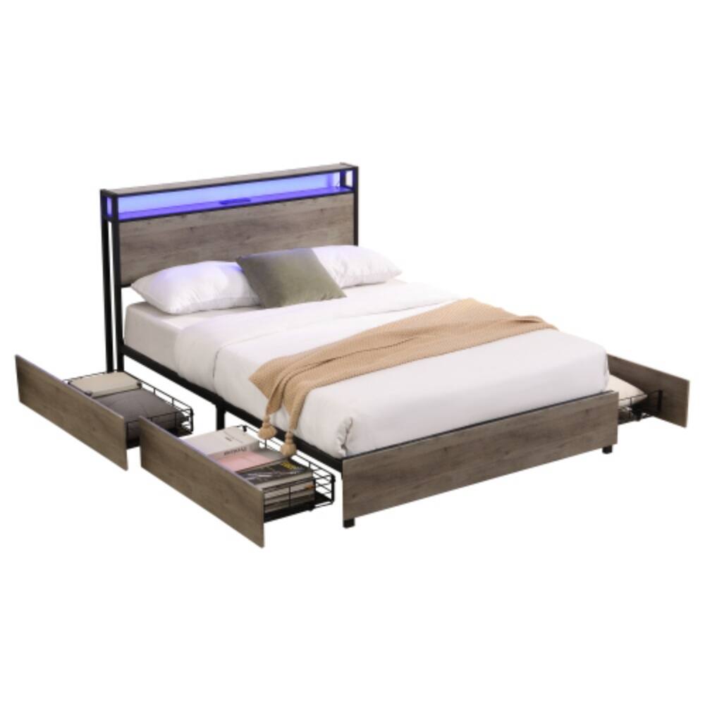 Alt View 1. LUCKY ONE - Full Size Bed Frame with Storage Headboard, USB Charging Station, RGB LED Lights, 4 Drawers, No Box Spring Needed - Antique Gray.