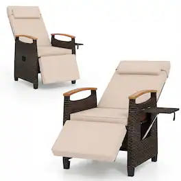 Gymax - Set of 2 Patio Wicker Recliner Chair Rattan Lounge Chair w/ Adjustable Backrest&Footrest Mix - Brown