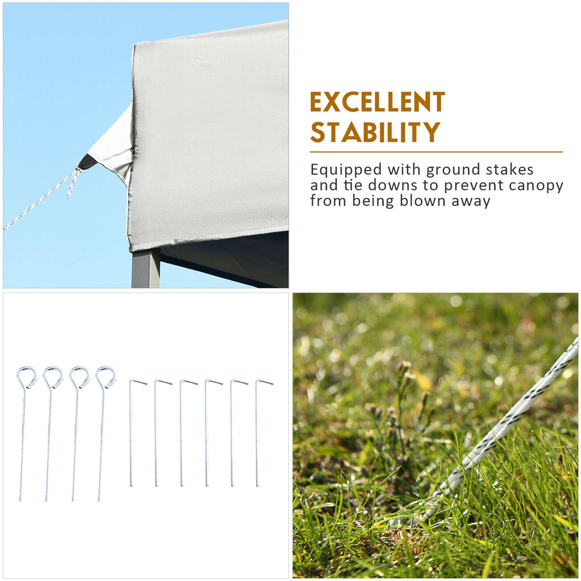 EXCELLENT STABILITY

Equipped with ground stakes and tie downs to prevent canopy from being blown away.