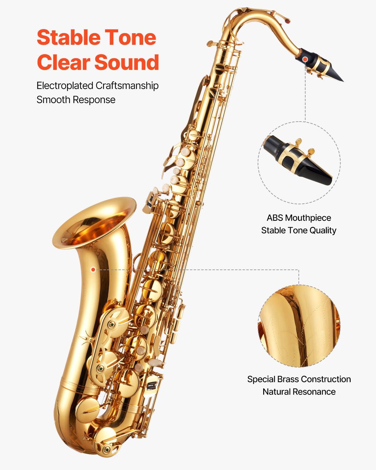 Stable Tone  
Clear Sound  

Electroplated Craftsmanship  
Smooth Response  

ABS Mouthpiece  
Stable Tone Quality  

Special Brass Construction  
Natural Resonance