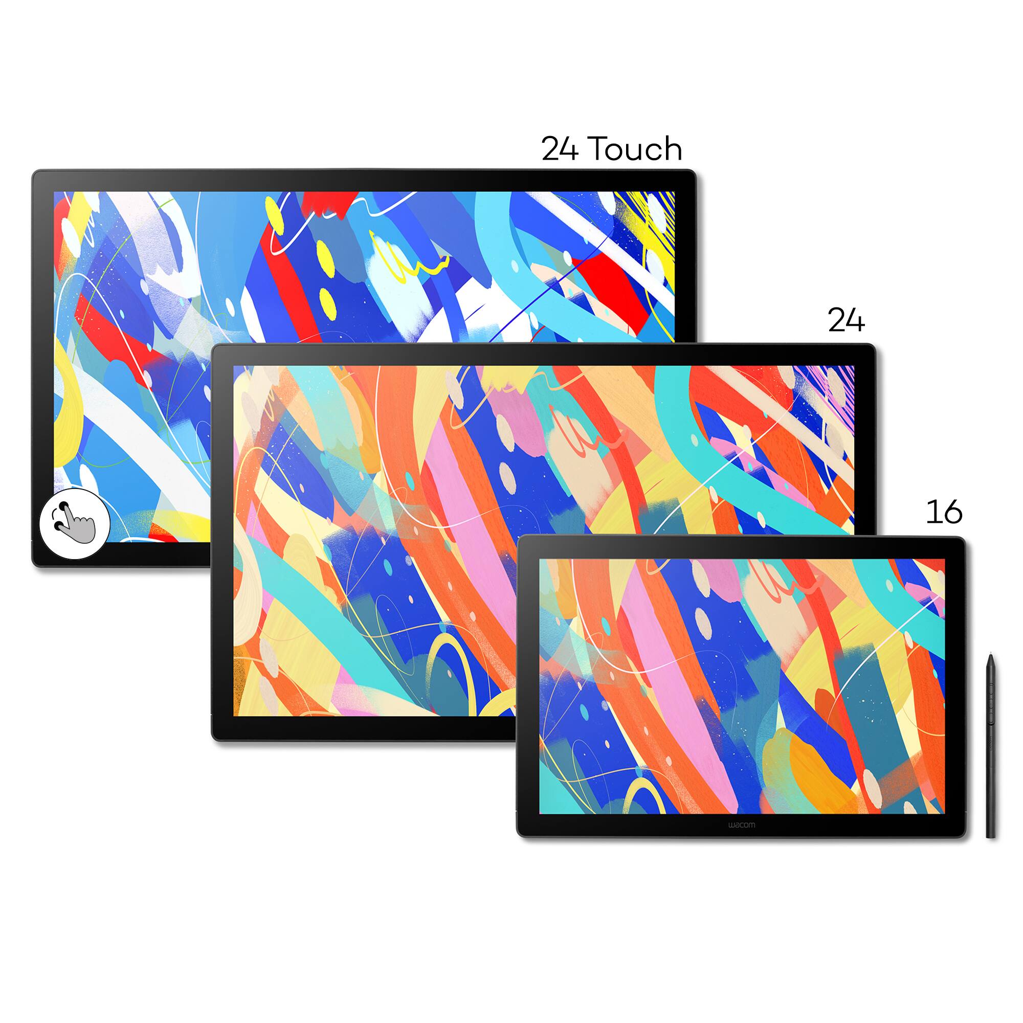 The text on the image reads: "24 Touch 24 16 LASOAN". This can be grouped and corrected as follows:

"24 Touch 24 16 LASOAN" can be rearranged to "24 Touch 16 LASOAN 24". This suggests that there are three different screen sizes available, with a 24-inch screen having a touch feature, a 16-inch screen also having a touch feature, and a 24-inch screen without a touch feature.