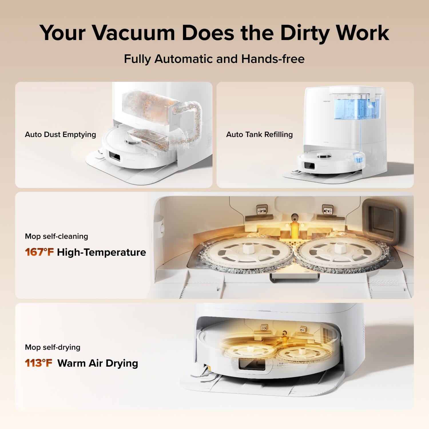 Your Vacuum Does the Dirty Work  
Fully Automatic and Hands-free

- Auto Dust Emptying
- Auto Tank Refilling
- Mop self-cleaning 167°F High-Temperature
- Mop self-drying 113°F Warm Air Drying