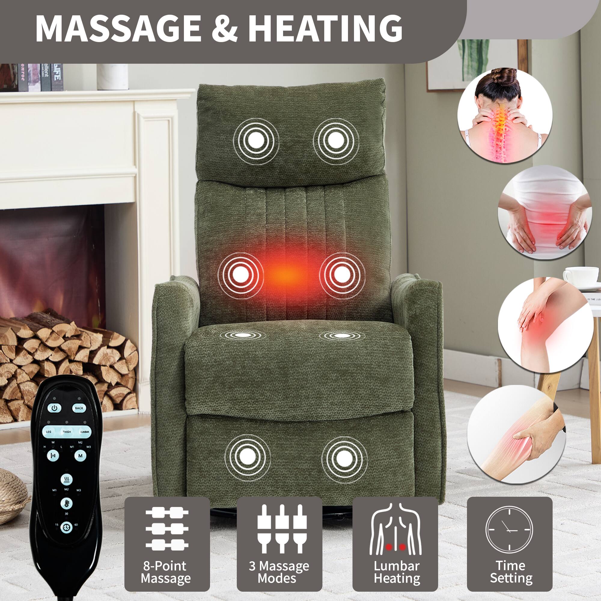 MASSAGE & HEATING

- 8-Point Massage
- 3 Massage Modes
- Lumbar Heating
- Time Setting