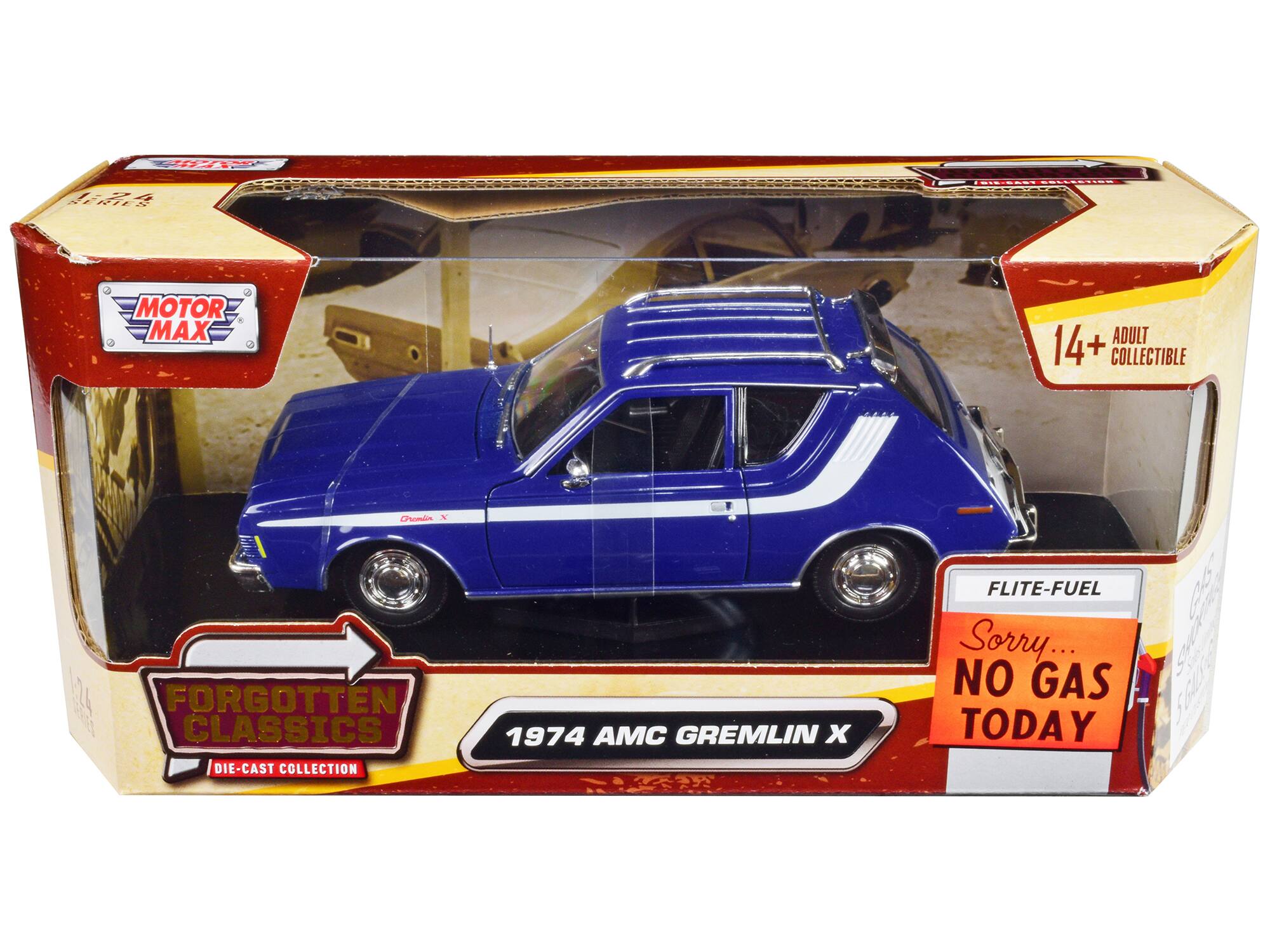 A 1:24 scale die-cast model car in a box. The box is labeled "MOTOR MAX" and "FORGOTTEN CLASSICS DIE-CAST COLLECTION." The car is a 1974 AMC Gremlin X. The box also states "14+ ADULT COLLECTIBLE" and "FLITE-FUEL Sorry... NO GAS TODAY."