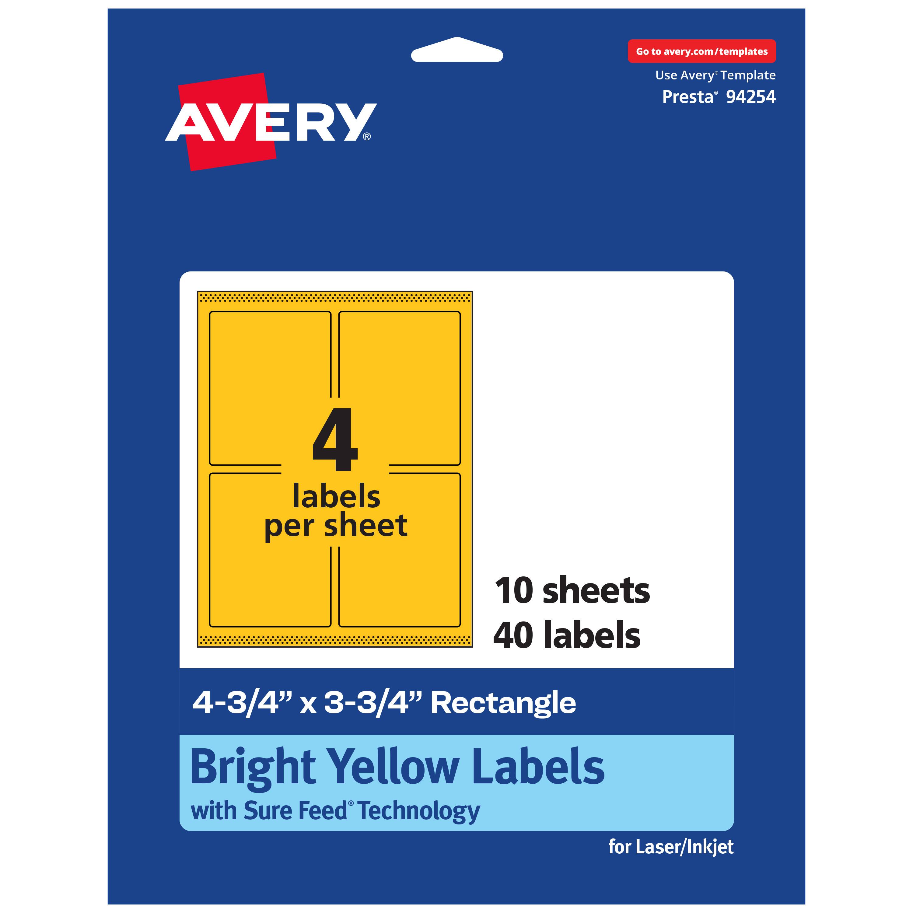 Go to avery.com/templates  
AVERY  
Use Avery Template Presta 94254  
4 labels per sheet  
10 sheets  
40 labels  
4-3/4" x 3-3/4" Rectangle  
Bright Yellow Labels with Sure Feed Technology for Laser/Inkjet