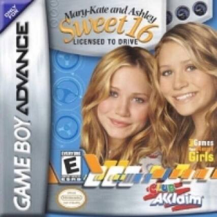 Sure, here is the corrected and grouped text from the image:
---
**GAME BOY ADVANCE**
**Mary-Kate and Ashley Sweet 16**
**LICENSED TO DRIVE**
**Games for Girls**
**E** (ESRB rating)
**AKKlaim**
--- - E (Everyone)