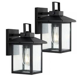 Jonathan Y - Bungalow 6.75" 1-Light Iron/Seeded Glass Rustic Traditional Lantern LED Outdoor Sconce, (Set of 2) - Black