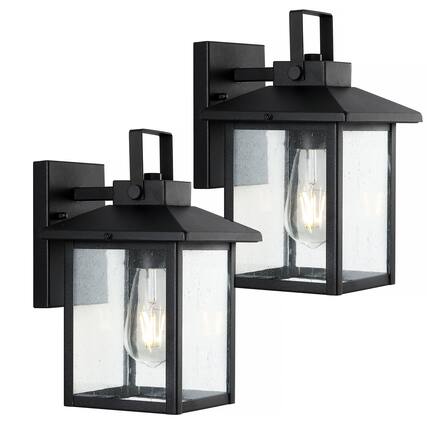 Front. Jonathan Y - Bungalow 6.75" 1-Light Iron/Seeded Glass Rustic Traditional Lantern LED Outdoor Sconce, Black (Set of 2) - Black.